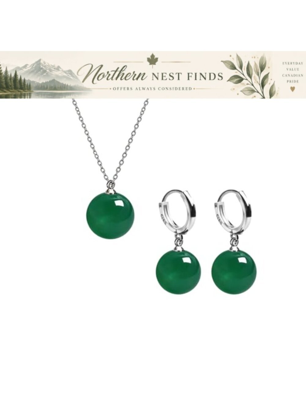 Handmade Jade Necklace Earrings Set 12MM Bead Ball S925 Sterling Silver Dangle
